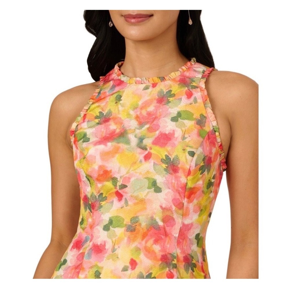 Adrianna Papell Pink Yellow Floral Jacquard Puffled Dress AP1D105986 18